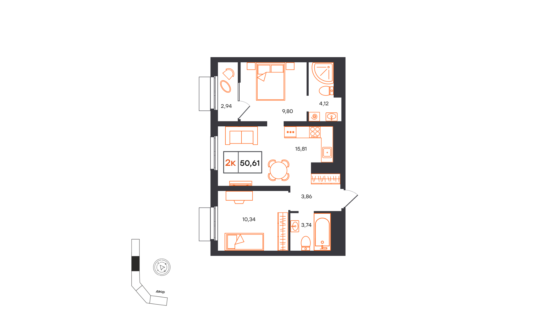 Планировка: Евротрешка 50.6 м² в ЖК Фатера, Дом Обороны
