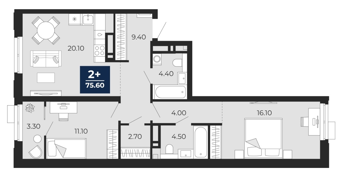 Планировка: Евротрешка 75.6 м² в ЖК Айвазовский, 5-й Заречный