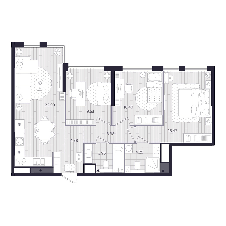 Планировка: 4-комнатная евро 74.5 м² в ЖК Форсо, Зарека