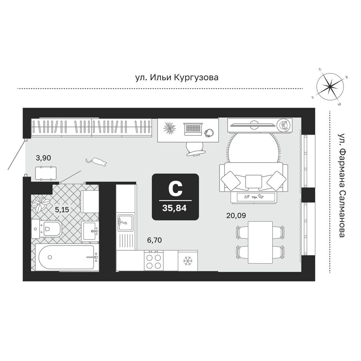 Планировка: Студия 35.8 м² в ЖК Мидгард в Комарово Парк, От Слободы до Комарово парк