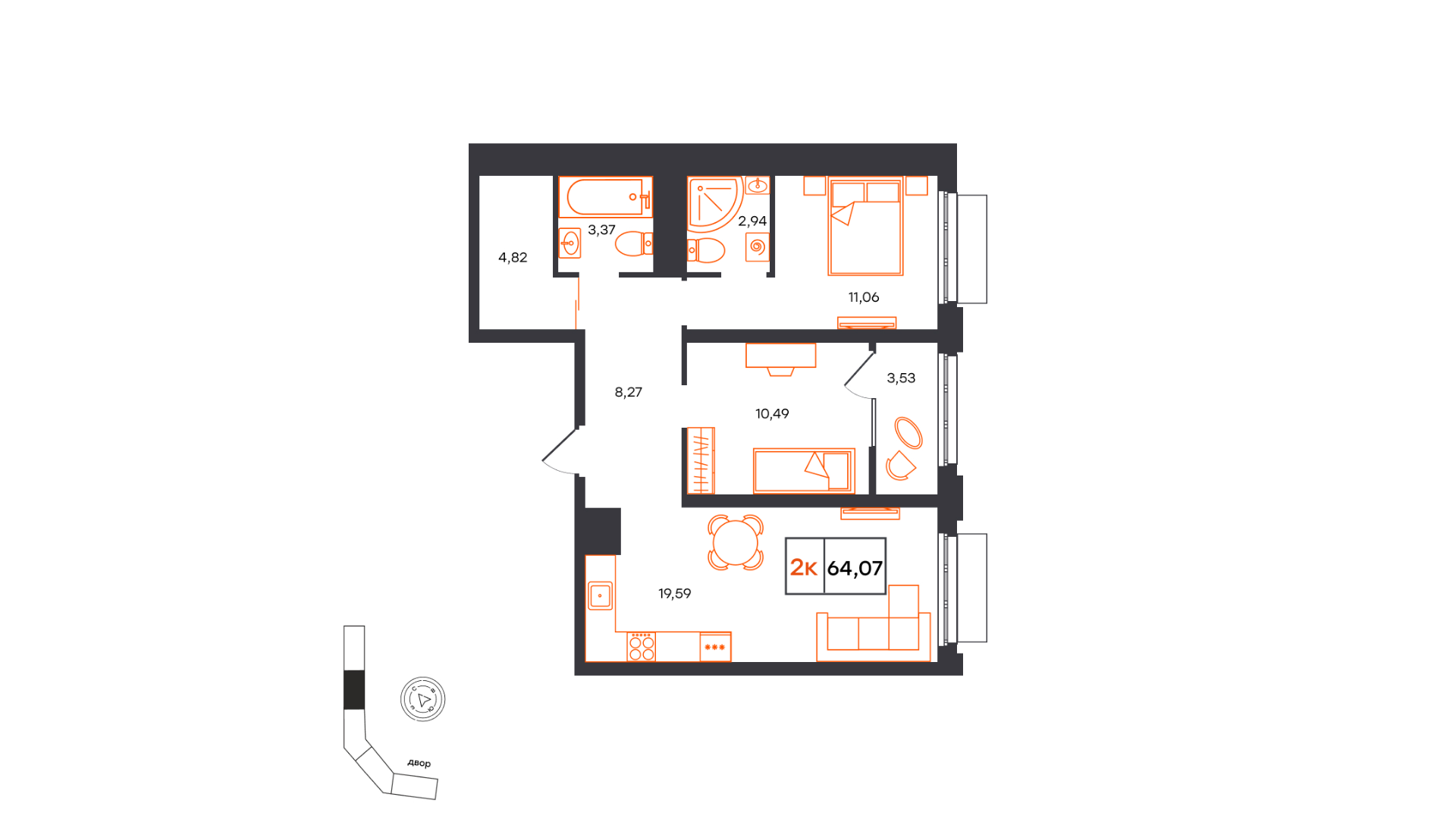 Планировка: Евротрешка 64.1 м² в ЖК Фатера, Дом Обороны