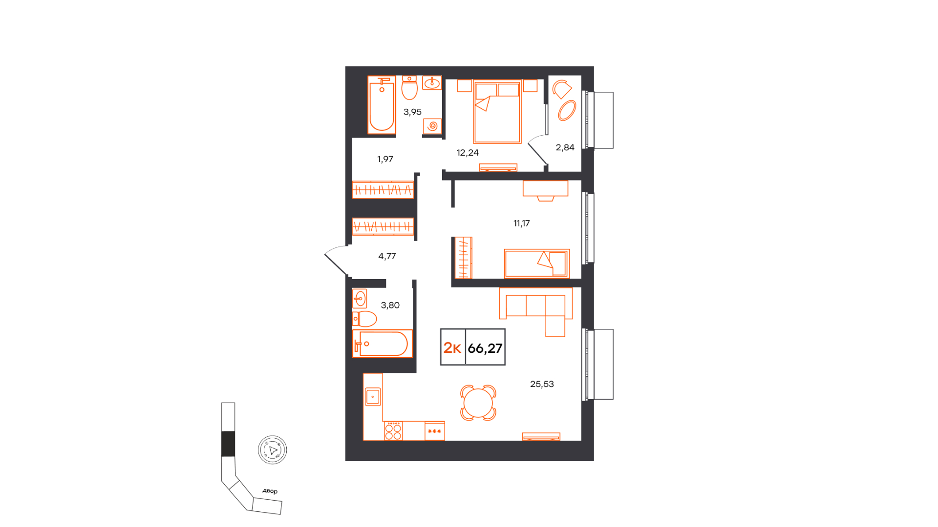 Планировка: Евротрешка 66.3 м² в ЖК Фатера, Дом Обороны