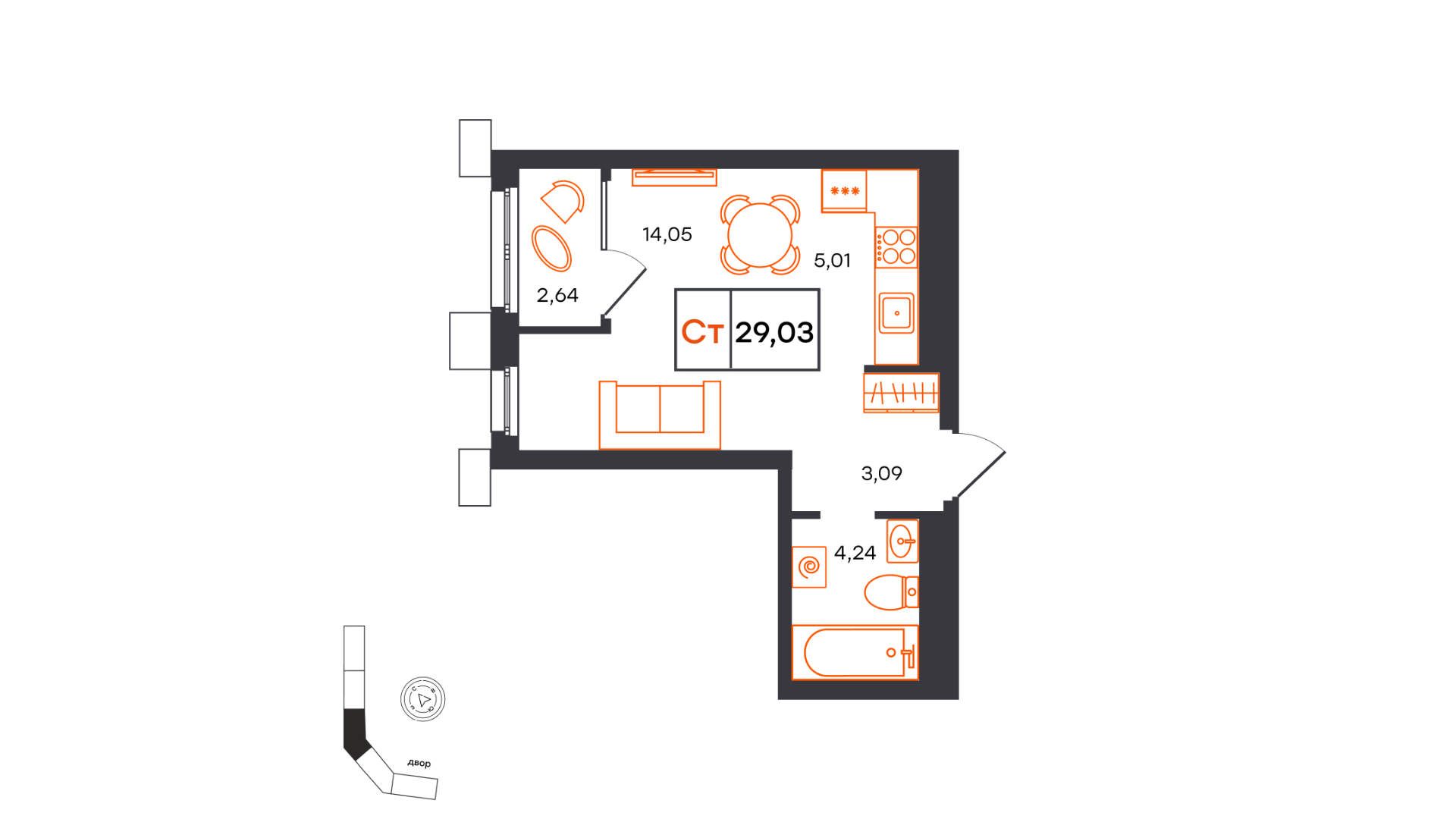 Планировка: Студия 29 м² в ЖК Фатера, Дом Обороны