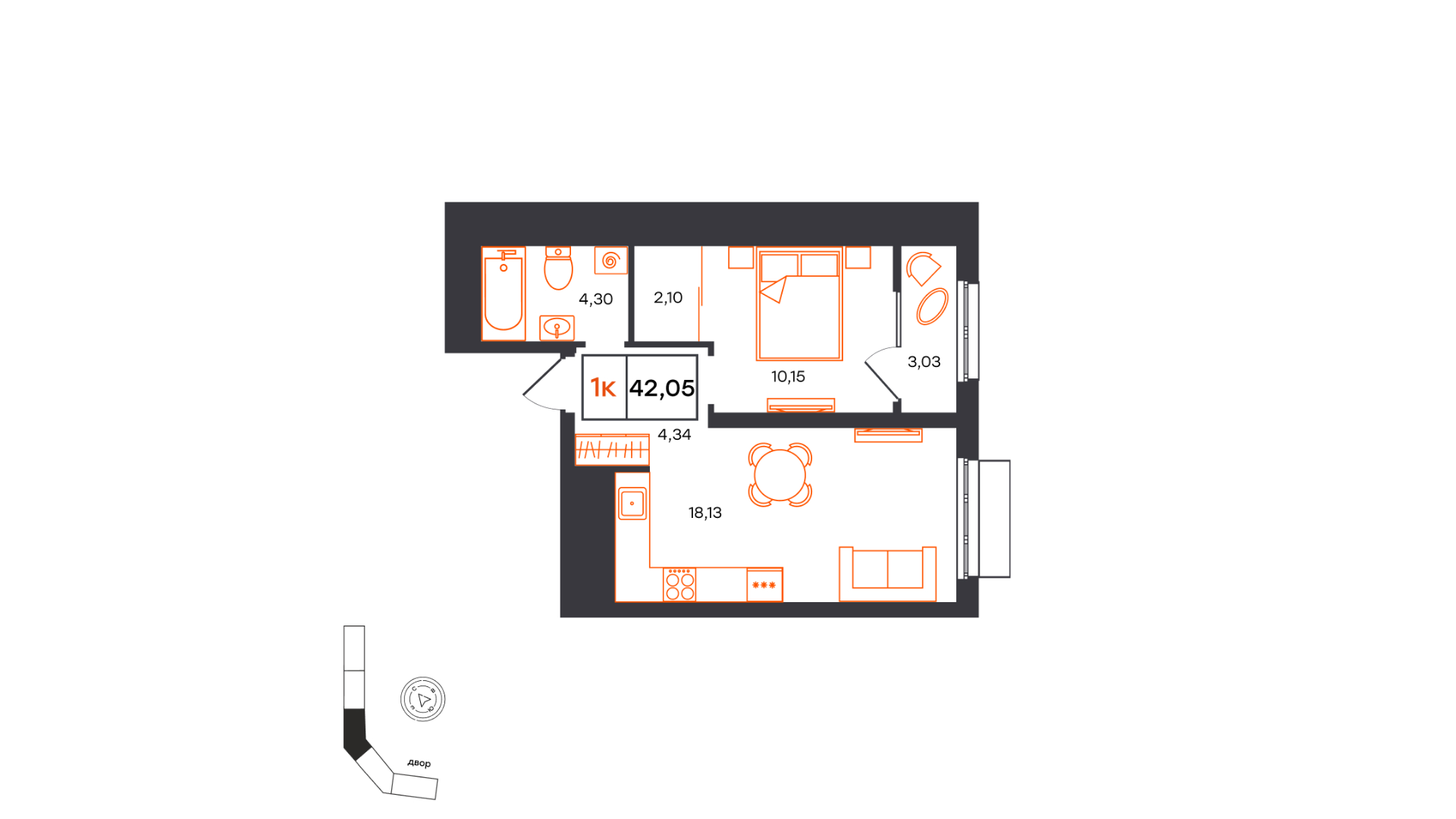 Планировка: Евродвушка 42 м² в ЖК Фатера, Дом Обороны