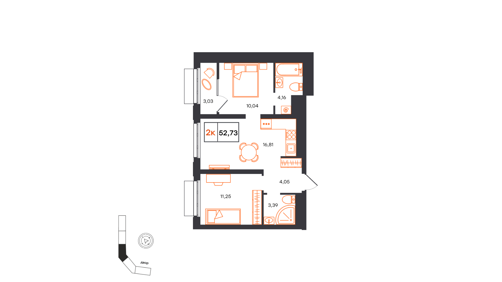 Планировка: Евротрешка 52.7 м² в ЖК Фатера, Дом Обороны