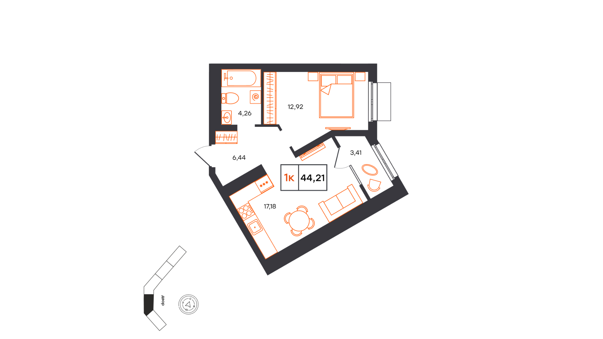 Планировка: Евродвушка 44.2 м² в ЖК Фатера, Дом Обороны