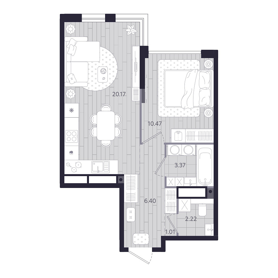 Планировка: Евродвушка 43.6 м² в ЖК Форсо, Зарека