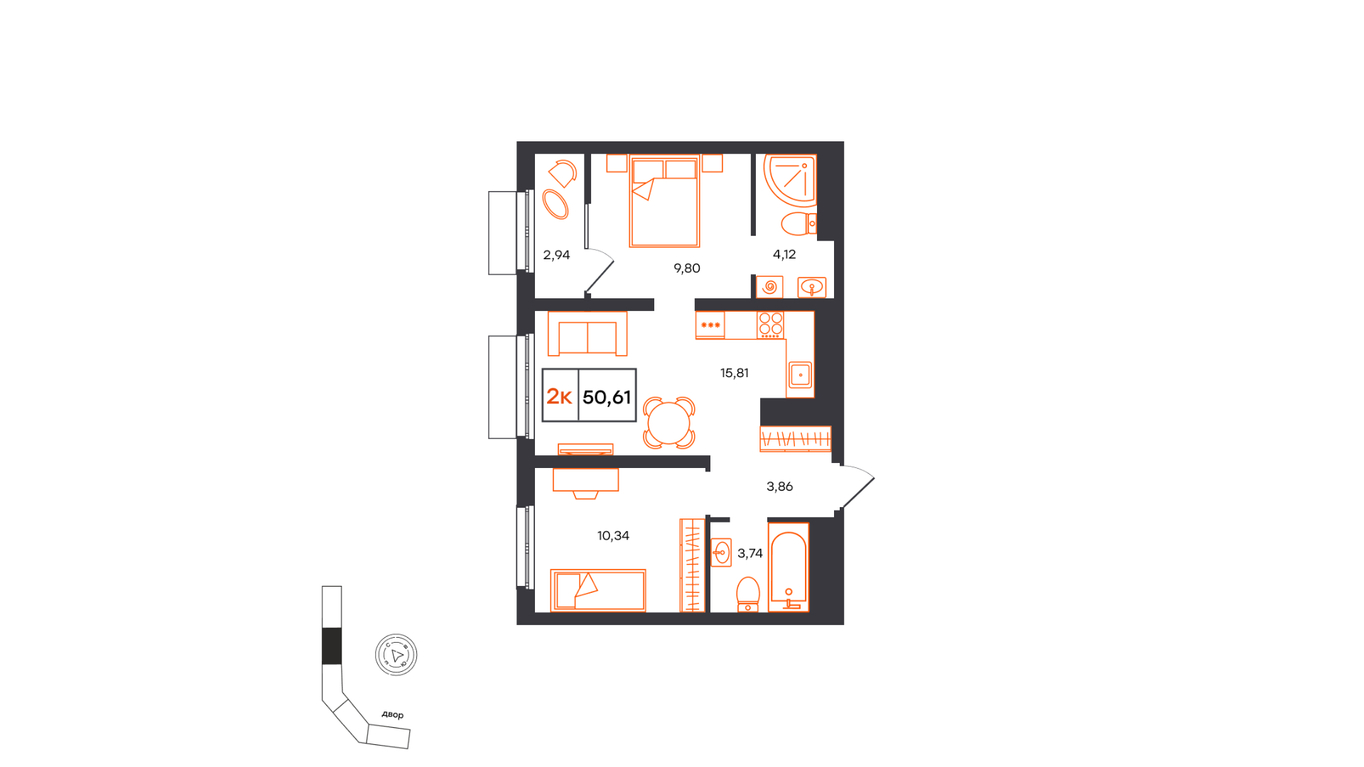 Планировка: Евротрешка 50.6 м² в ЖК Фатера, Дом Обороны