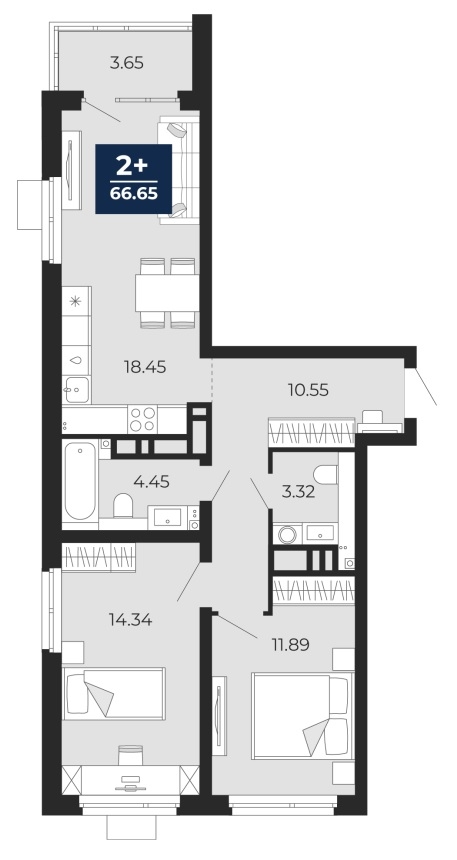 Планировка: Евротрешка 66.7 м² в ЖК Прео, Тюменская слобода