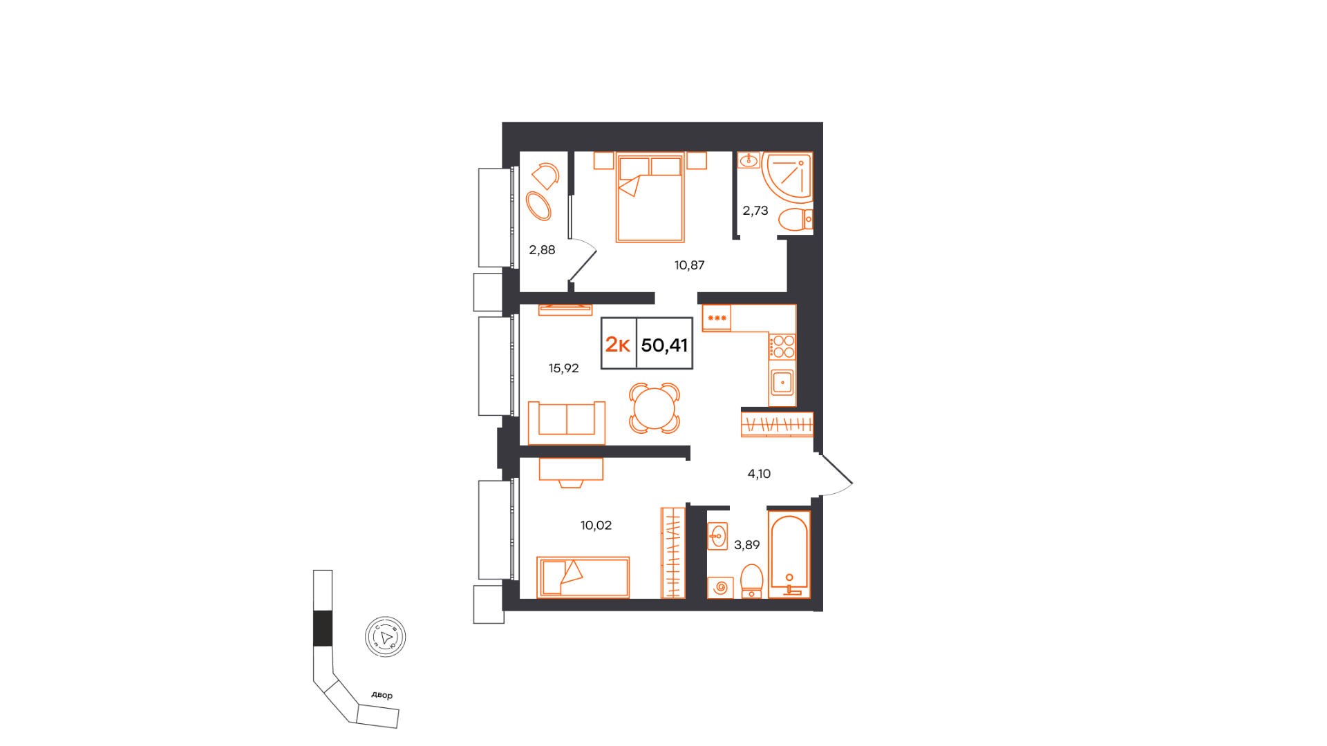 Планировка: Евротрешка 50.4 м² в ЖК Фатера, Дом Обороны