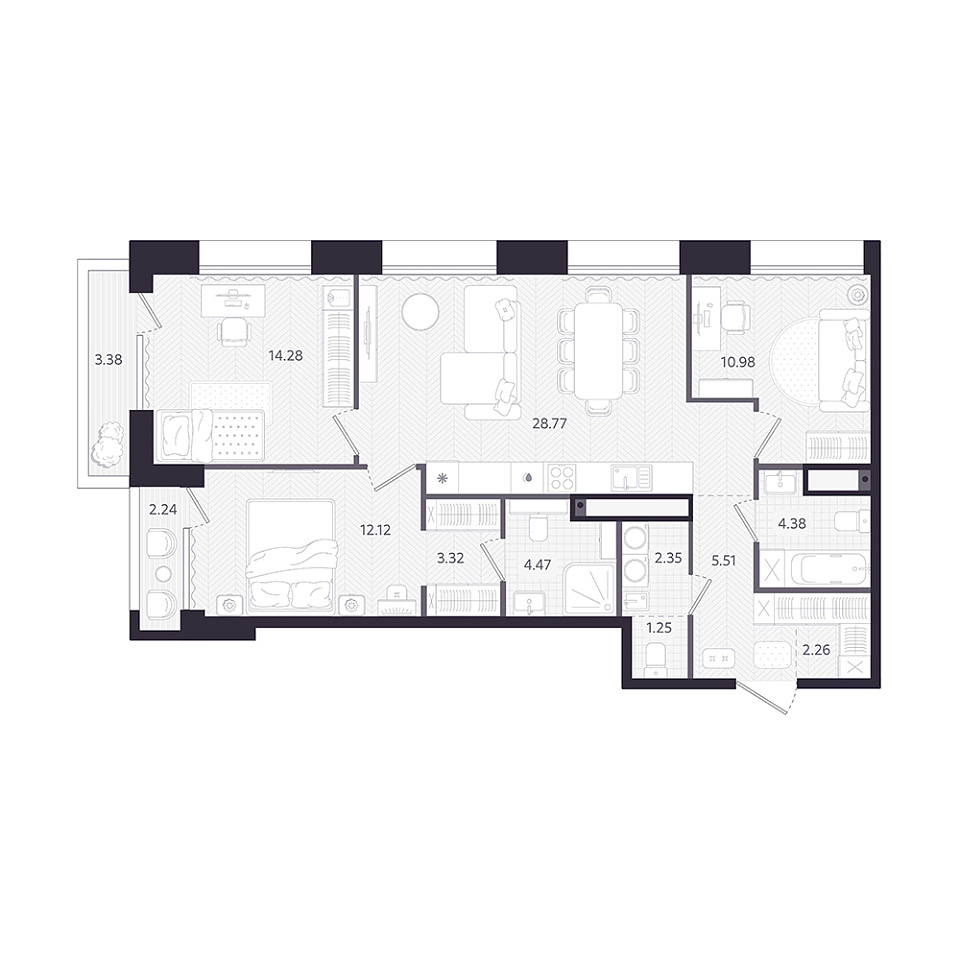 Планировка: 4-комнатная евро 91.3 м² в ЖК Темплин, Центр