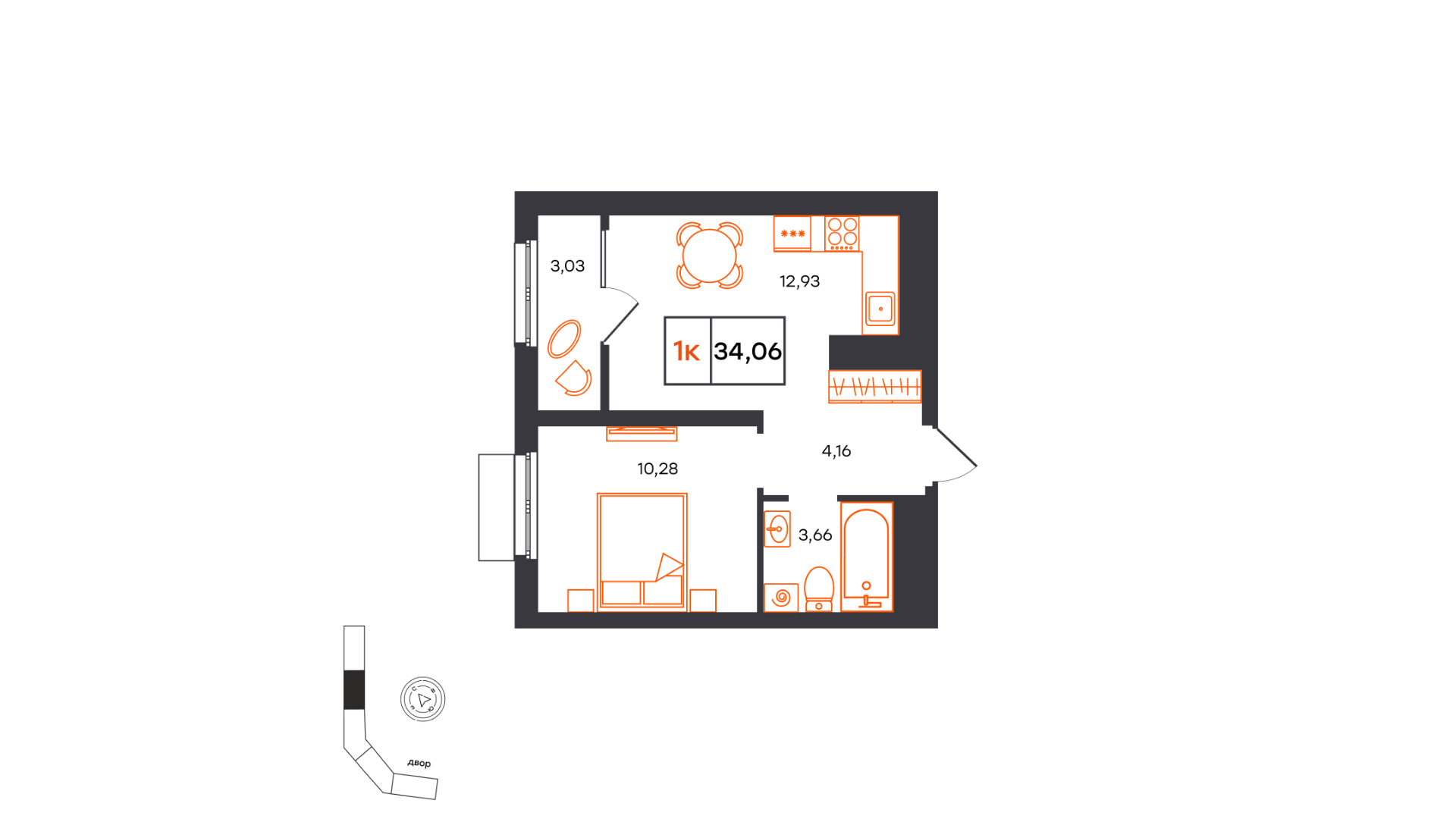 Планировка: 1-комнатная 34.1 м² в ЖК Фатера, Дом Обороны