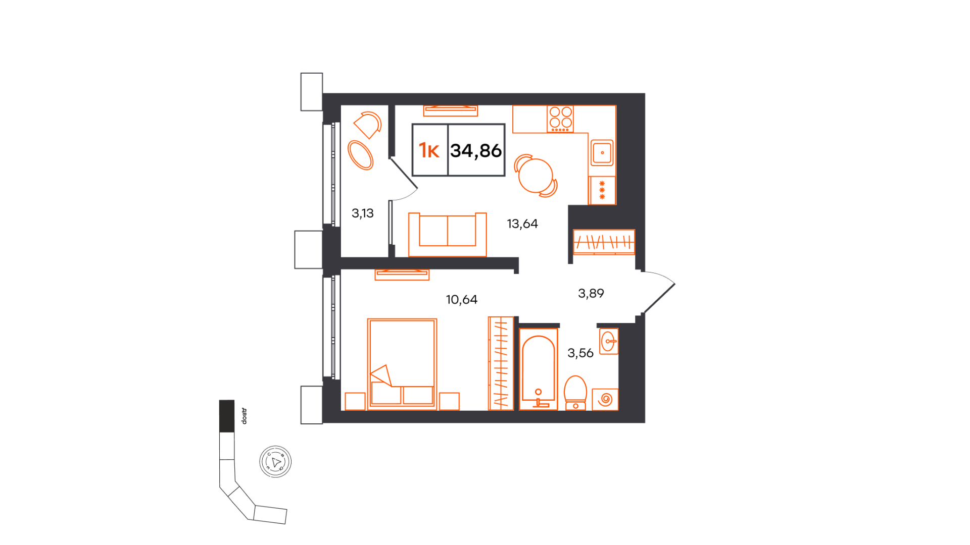 Планировка: Евродвушка 34.9 м² в ЖК Фатера, Дом Обороны