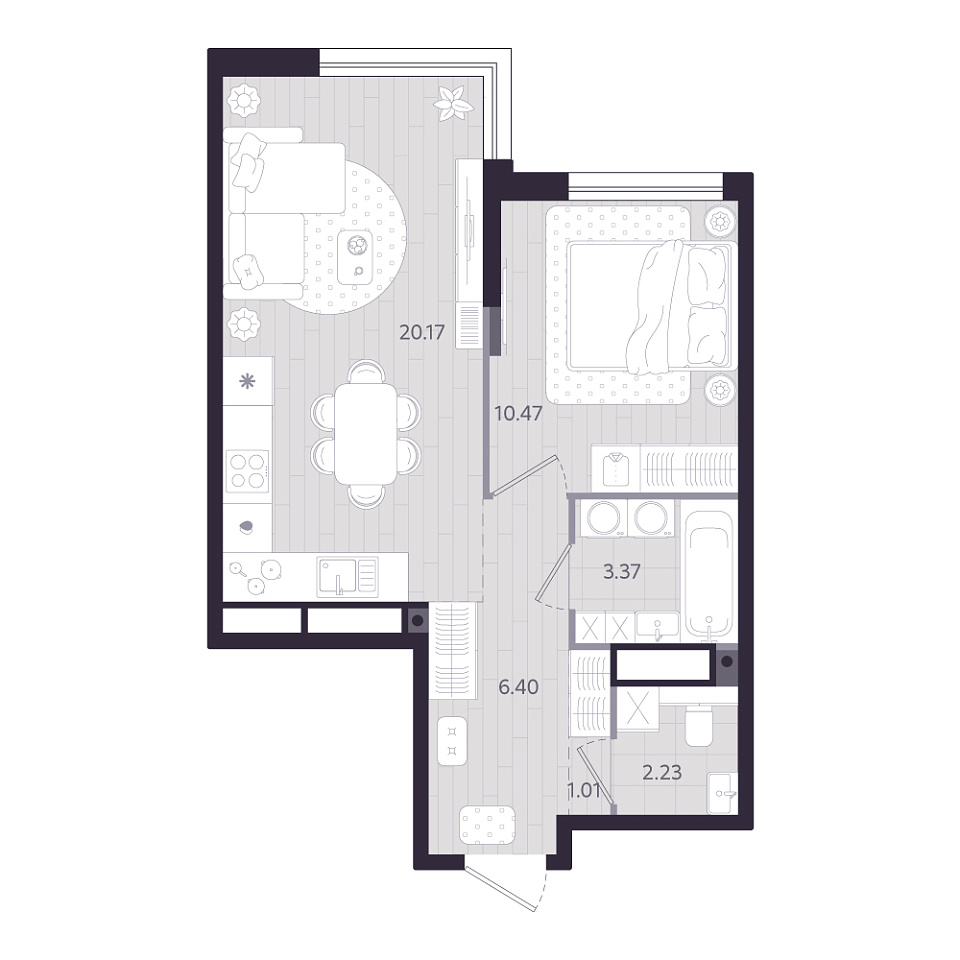 Планировка: Евродвушка 43.6 м² в ЖК Форсо, Зарека