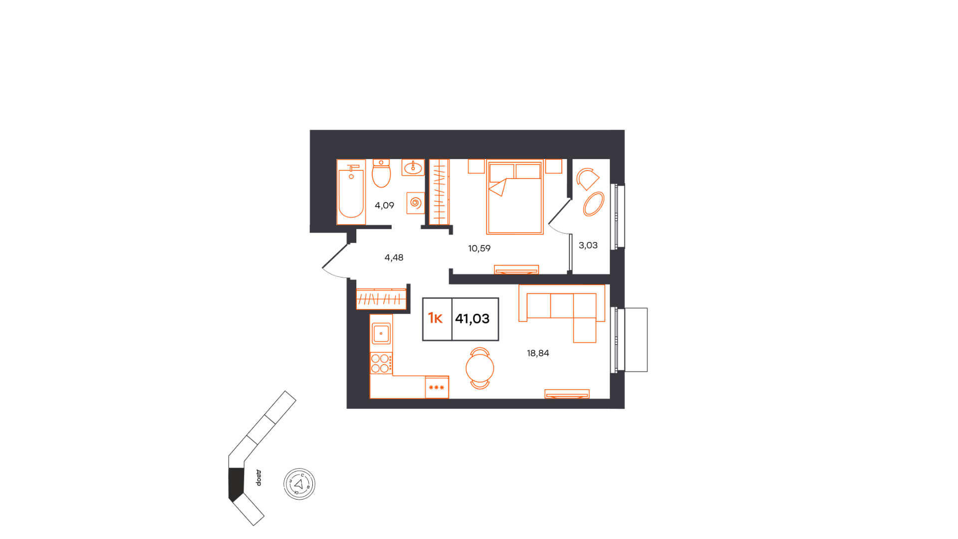 Планировка: Евродвушка 41 м² в ЖК Фатера, Дом Обороны