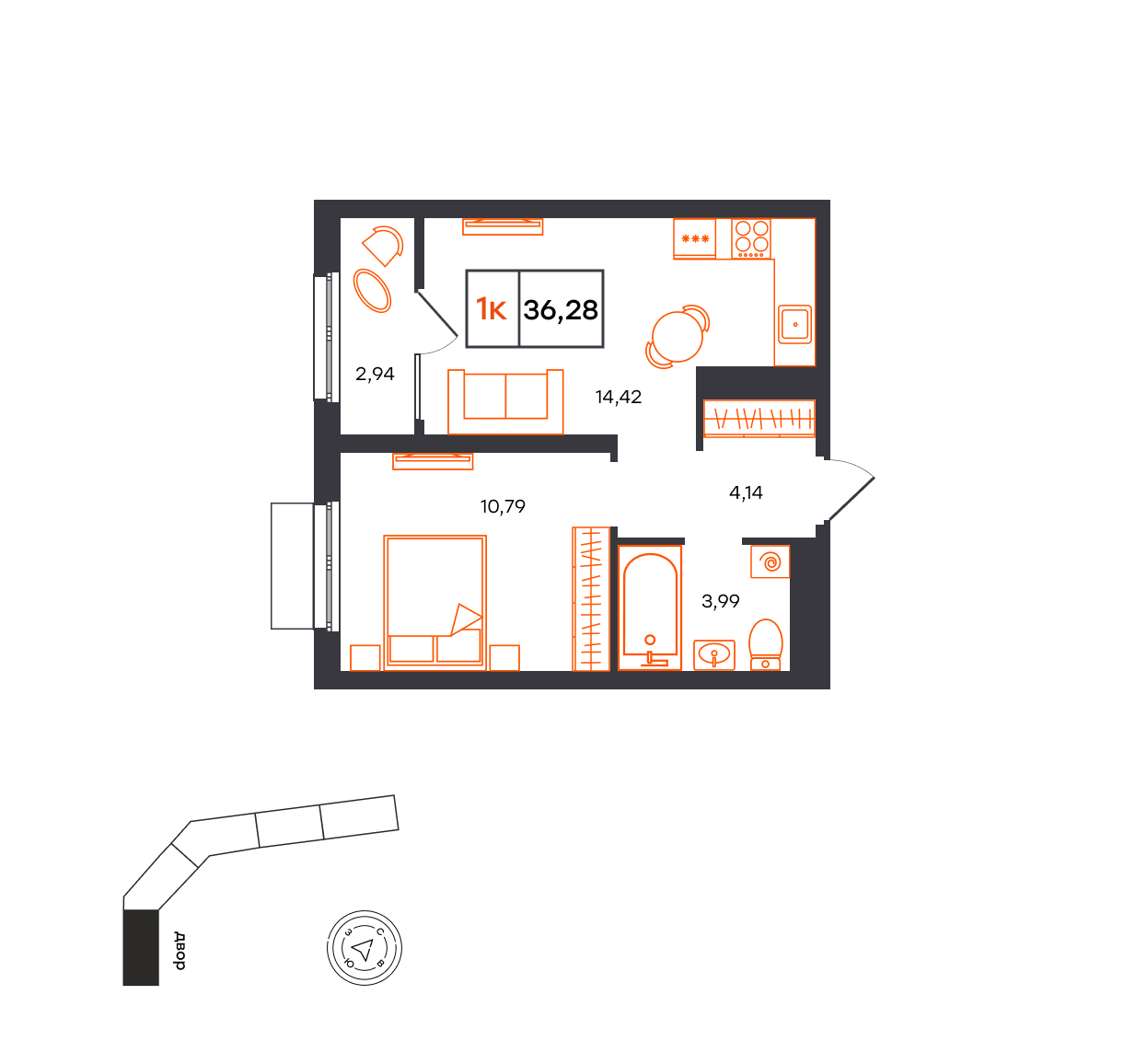 Планировка: Евродвушка 36.3 м² в ЖК Фатера, Дом Обороны