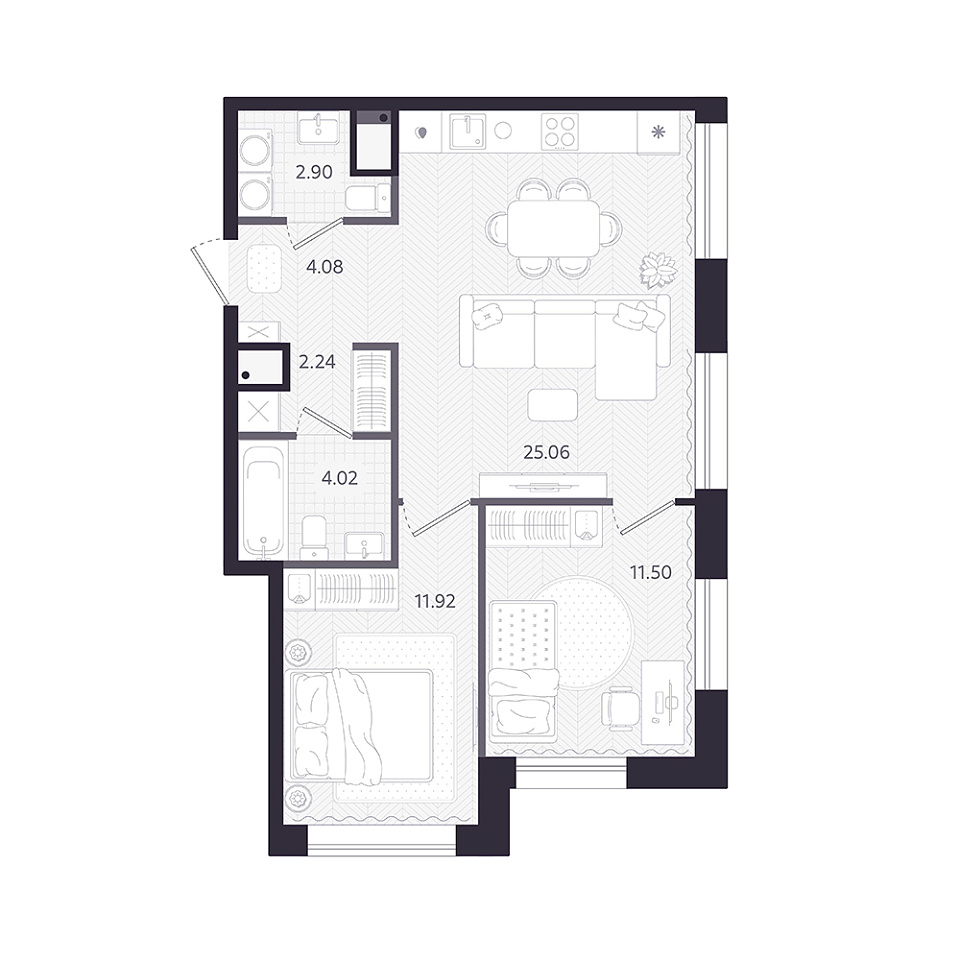 Планировка: Евротрешка 61.7 м² в ЖК Темплин, Центр