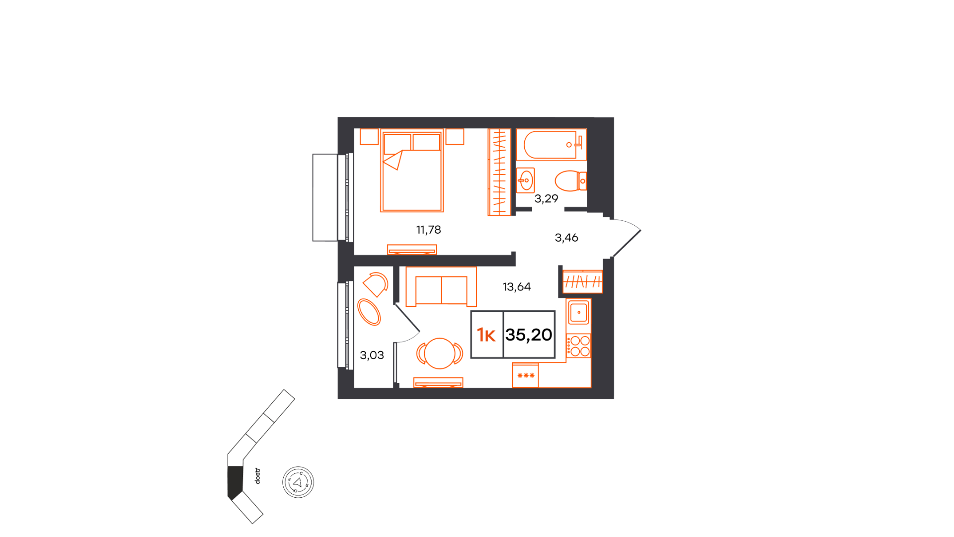 Планировка: Евродвушка 35.2 м² в ЖК Фатера, Дом Обороны