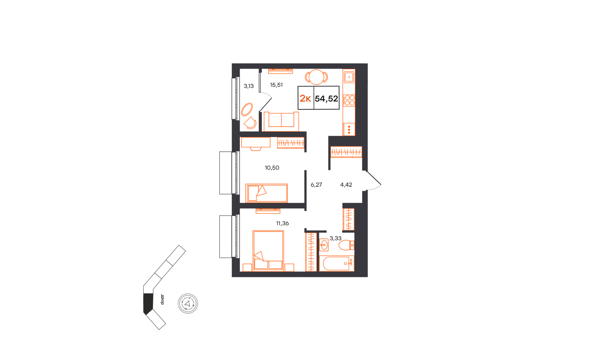 Планировка: Евротрешка 54.5 м² в ЖК Фатера, Дом Обороны
