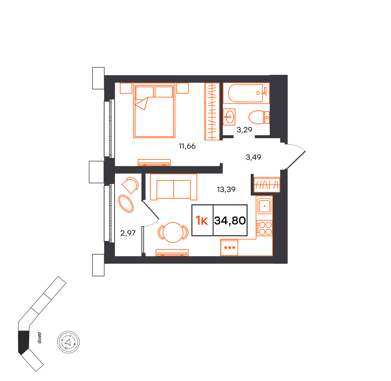 Планировка: Евродвушка 34.8 м² в ЖК Фатера, Дом Обороны
