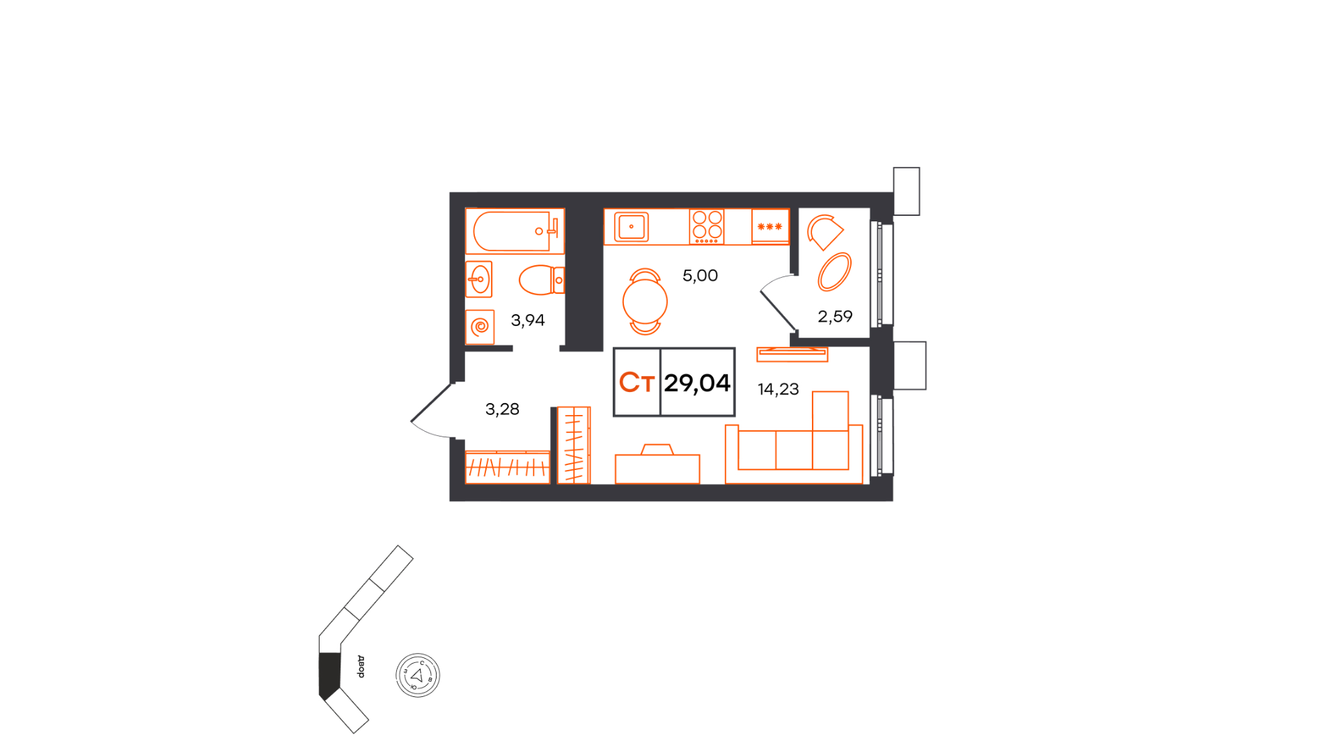 Планировка: Студия 29 м² в ЖК Фатера, Дом Обороны