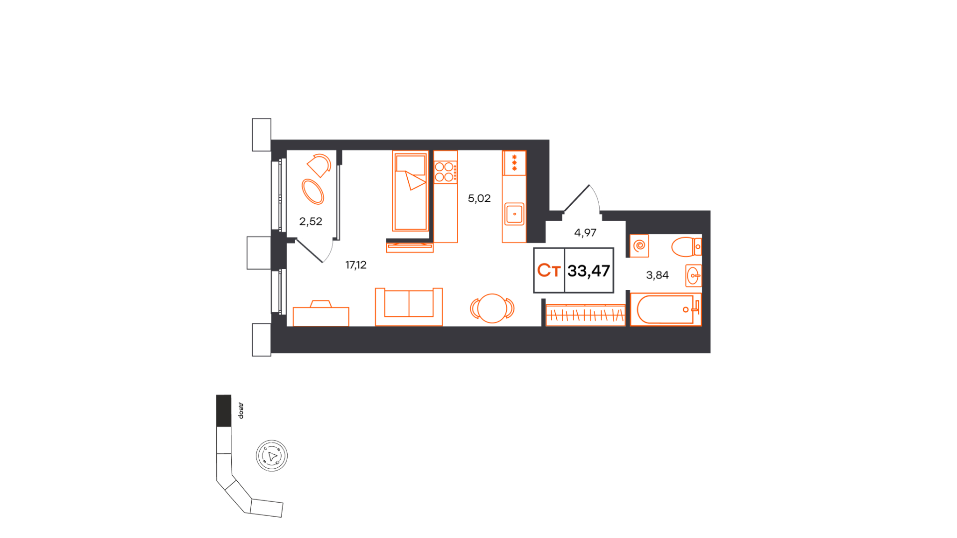 Планировка: Студия 33.5 м² в ЖК Фатера, Дом Обороны