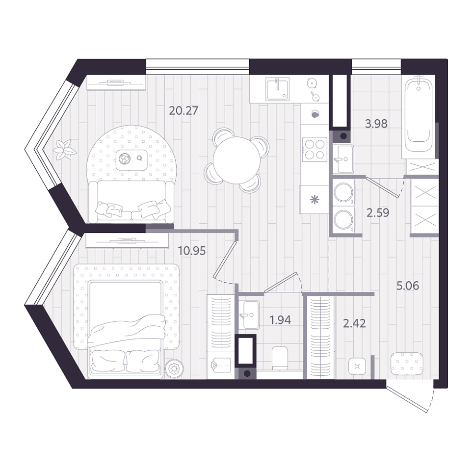 Планировка: Евродвушка 47.2 м² в ЖК Форсо, Зарека