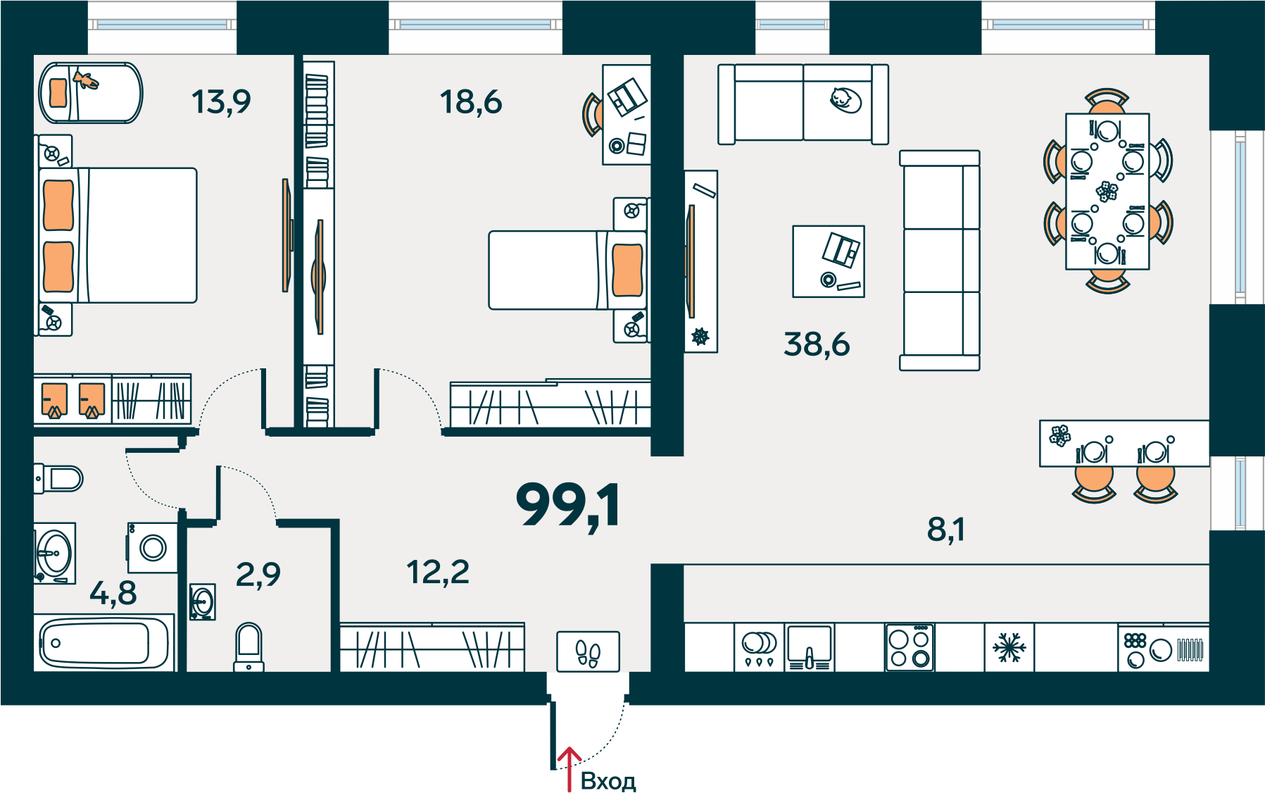 Планировка: Евротрешка 99.1 м² в ЖК Симпл, Воровского