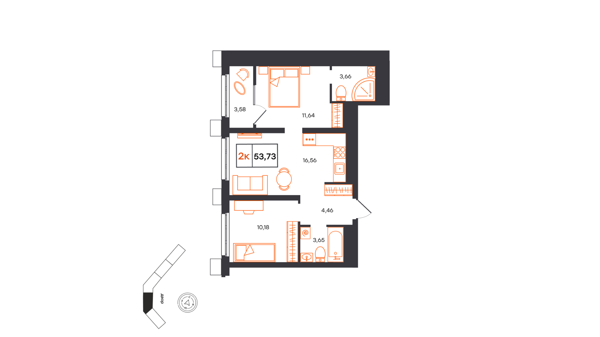 Планировка: Евротрешка 53.7 м² в ЖК Фатера, Дом Обороны