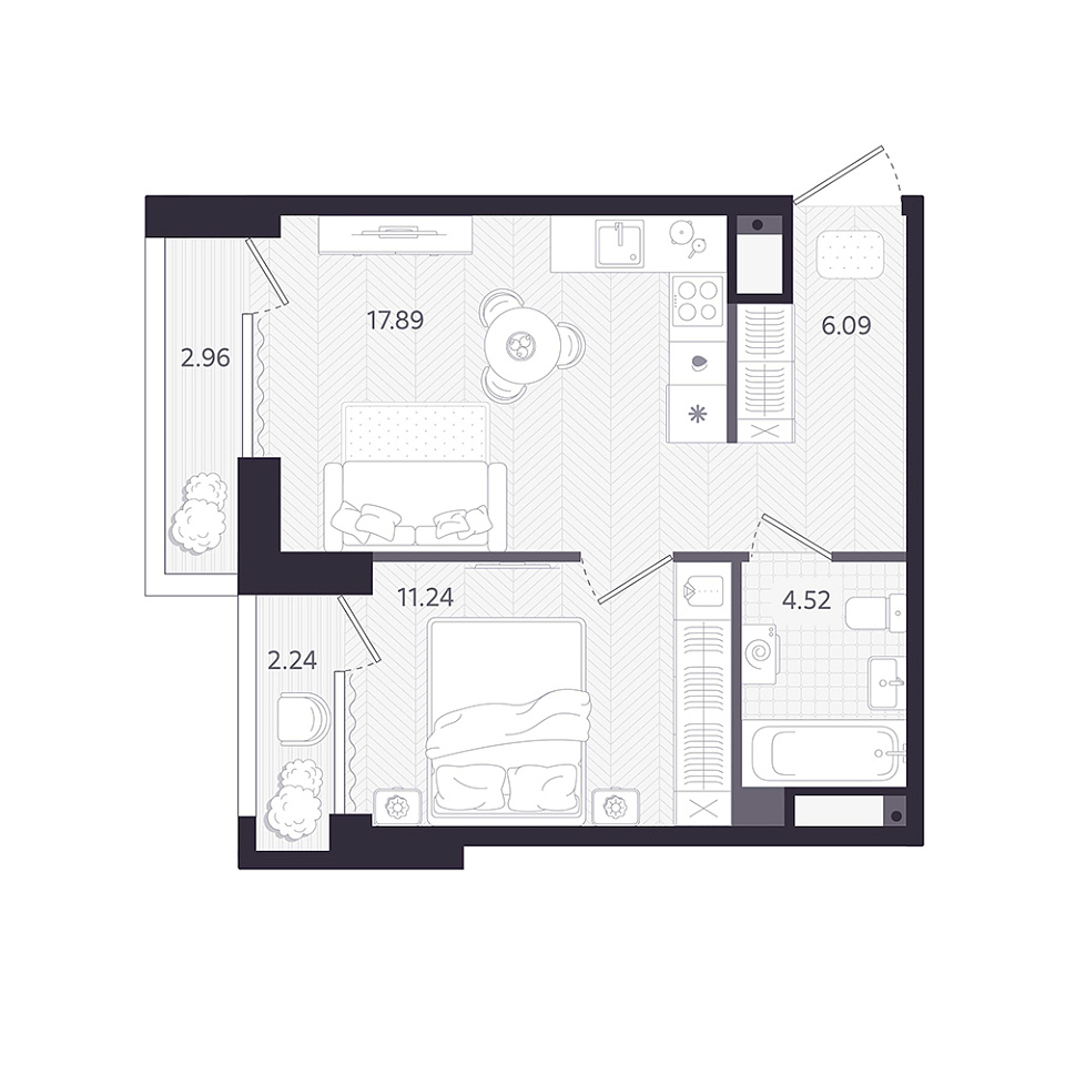 Планировка: Евродвушка 41.3 м² в ЖК Темплин, Центр