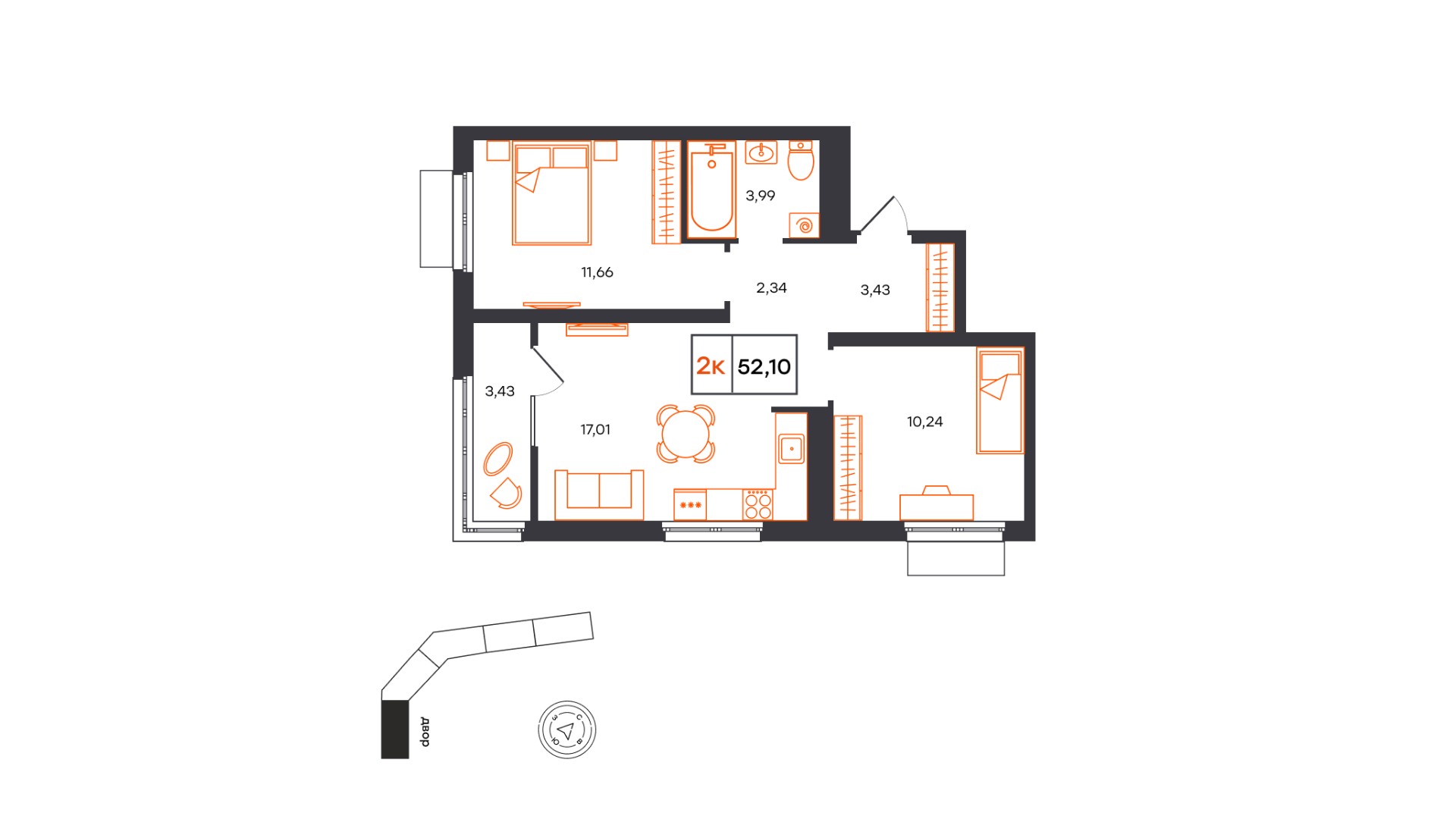 Планировка: Евротрешка 52.1 м² в ЖК Фатера, Дом Обороны
