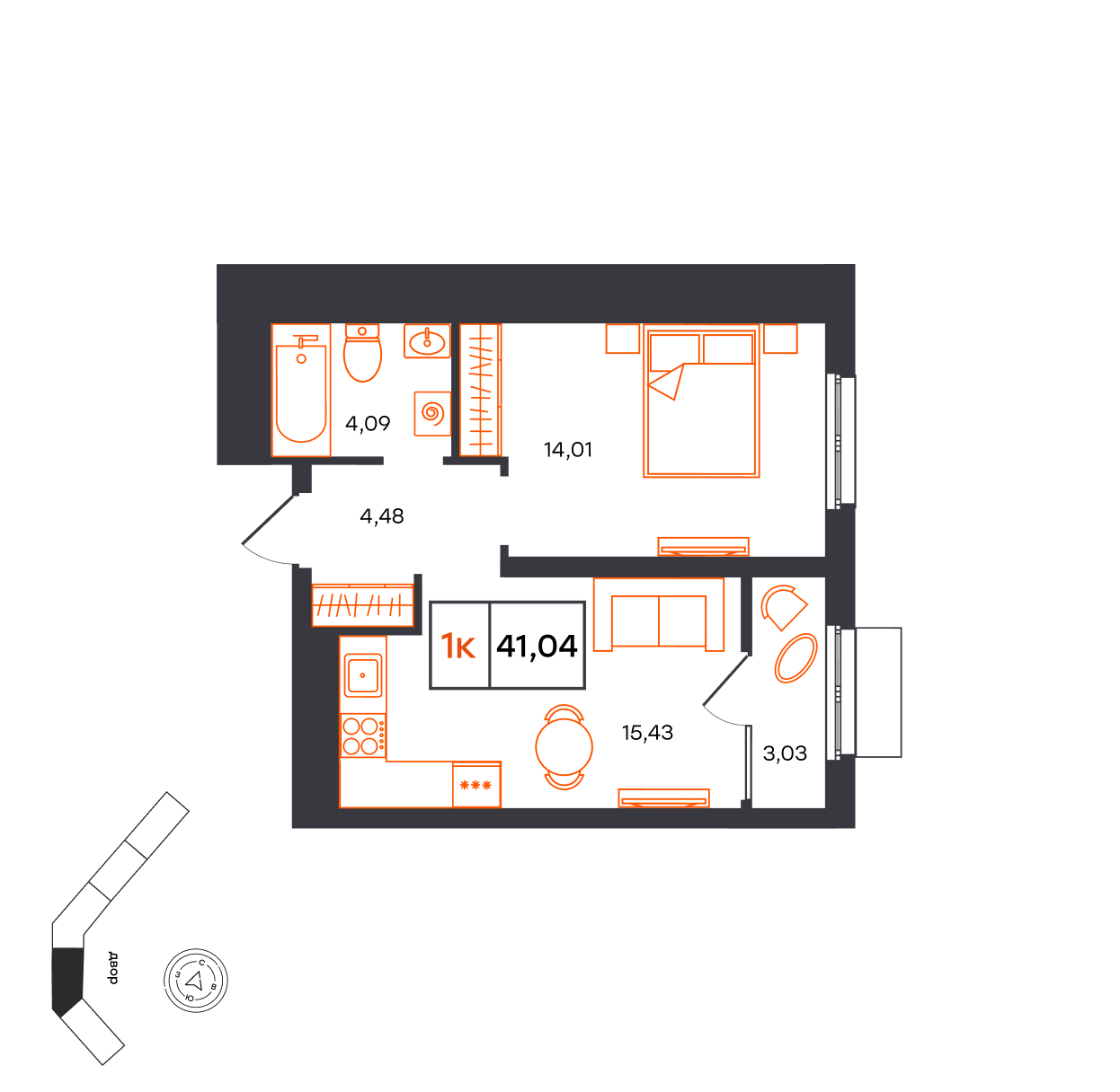 Планировка: Евродвушка 41 м² в ЖК Фатера, Дом Обороны