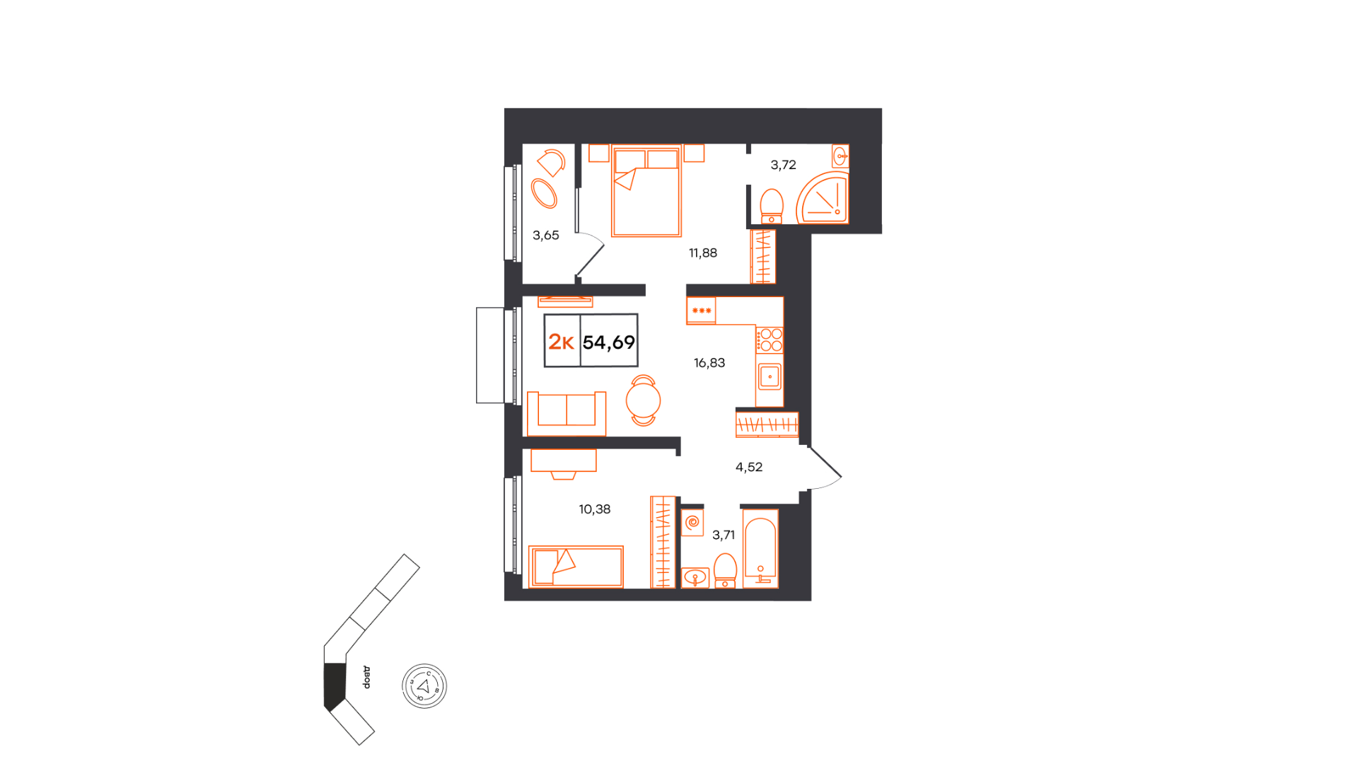 Планировка: Евротрешка 54.7 м² в ЖК Фатера, Дом Обороны