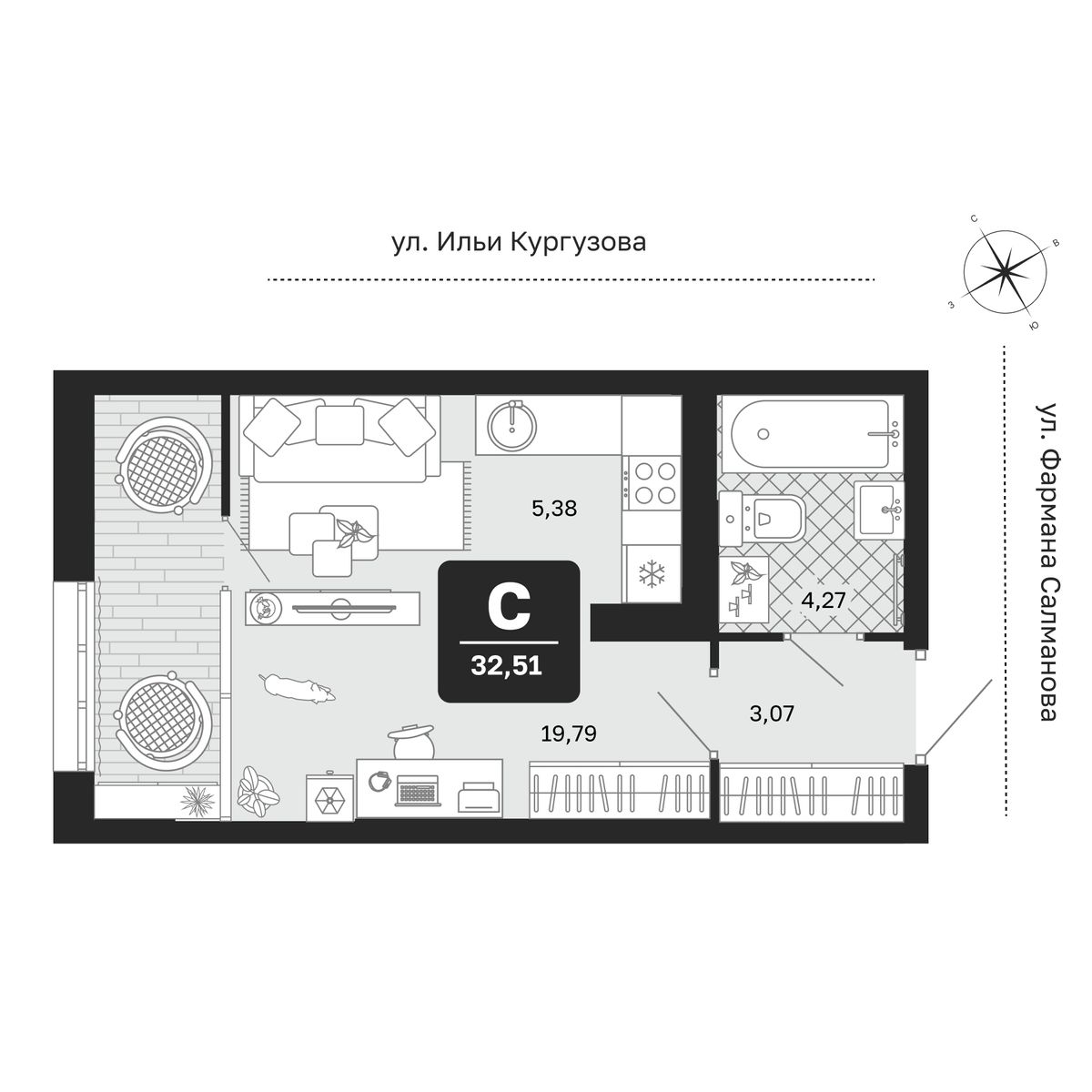 Планировка: Студия 32.5 м² в ЖК Мидгард в Комарово Парк, От Слободы до Комарово парк