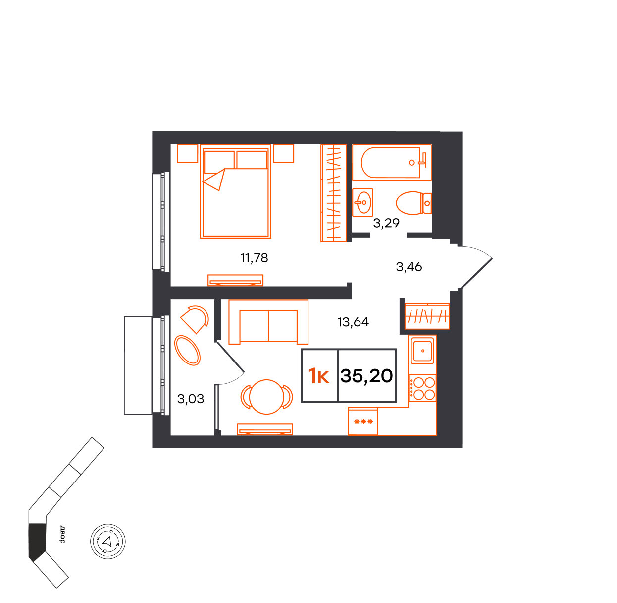 Планировка: Евродвушка 35.2 м² в ЖК Фатера, Дом Обороны