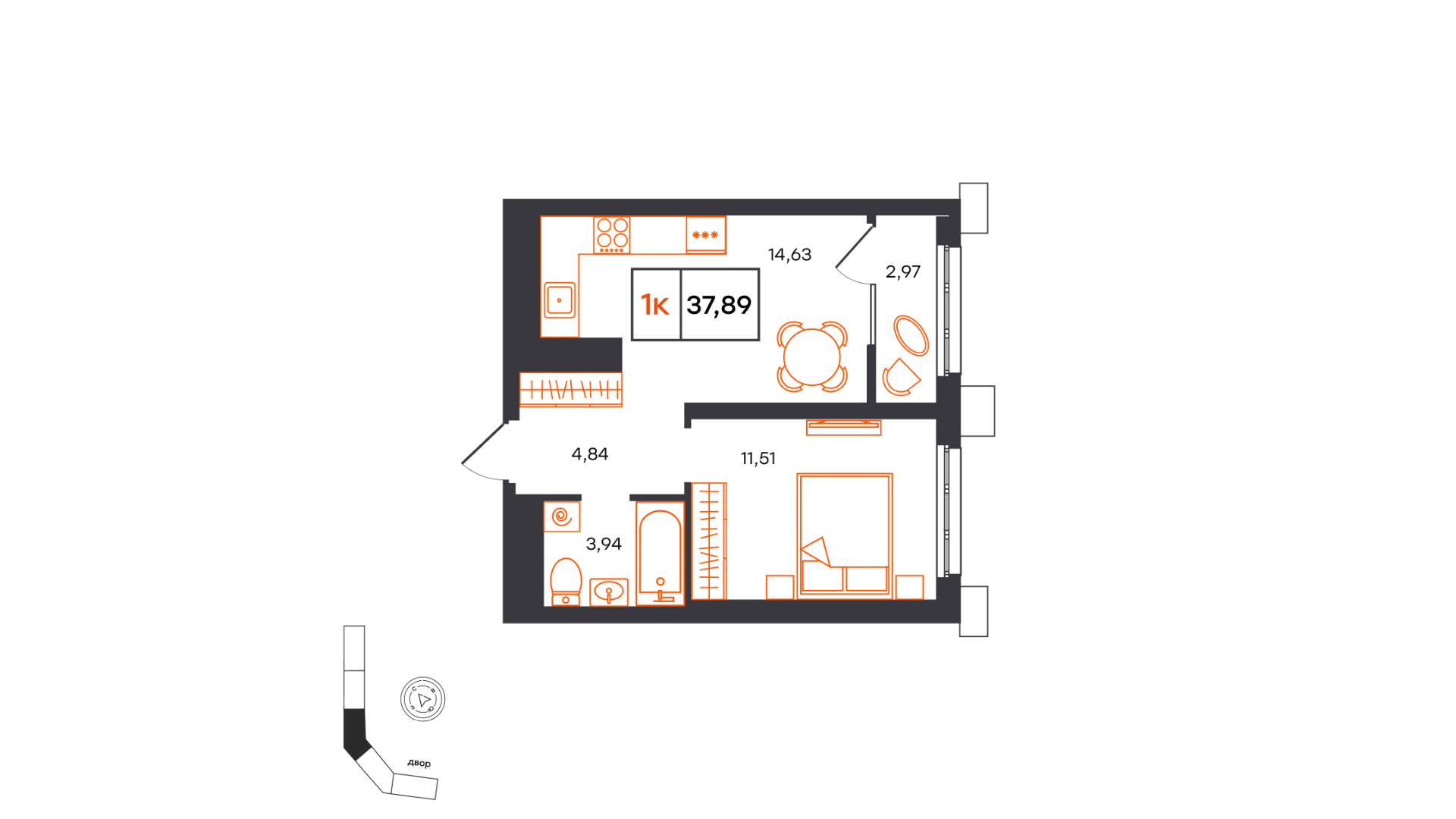 Планировка: Евродвушка 37.9 м² в ЖК Фатера, Дом Обороны