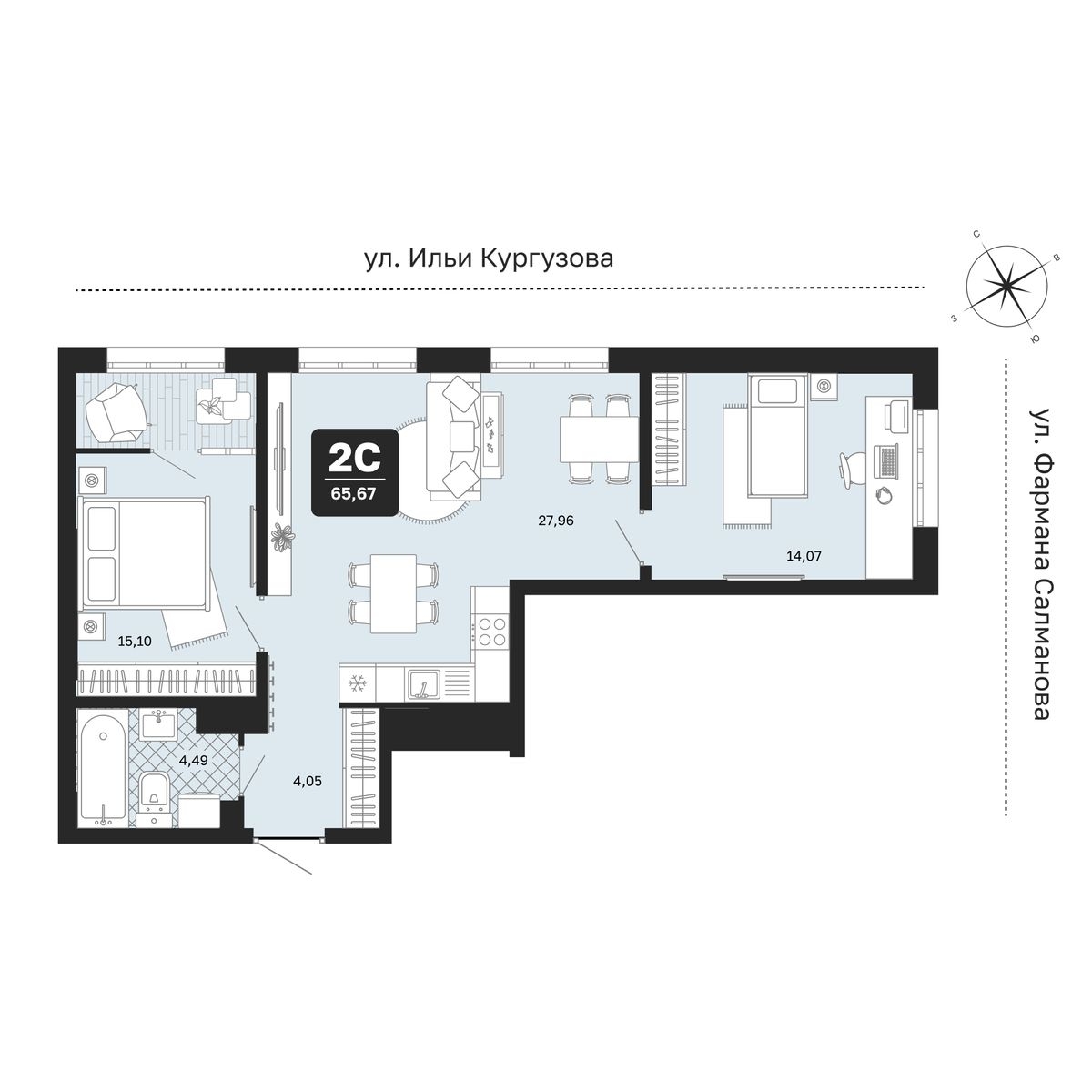 Планировка: Евротрешка 65.7 м² в ЖК Мидгард в Комарово Парк, От Слободы до Комарово парк