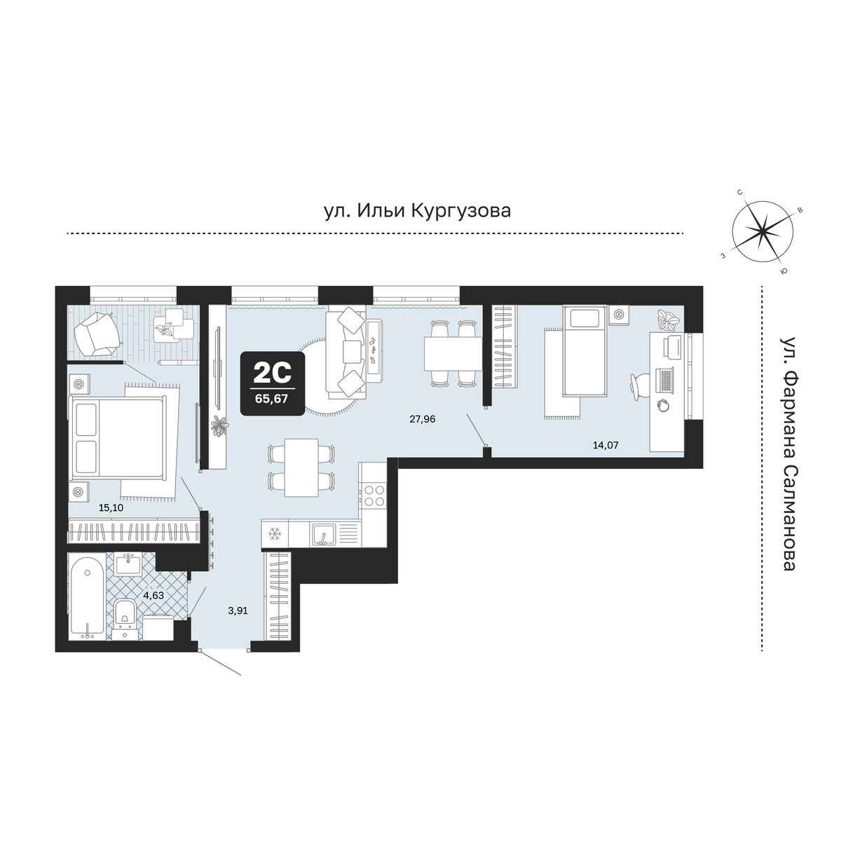 Планировка: Евротрешка 65.7 м² в ЖК Мидгард в Комарово Парк, От Слободы до Комарово парк