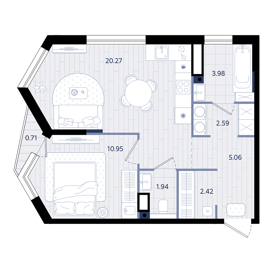 Планировка: Евродвушка 47.4 м² в ЖК Форсо, Зарека