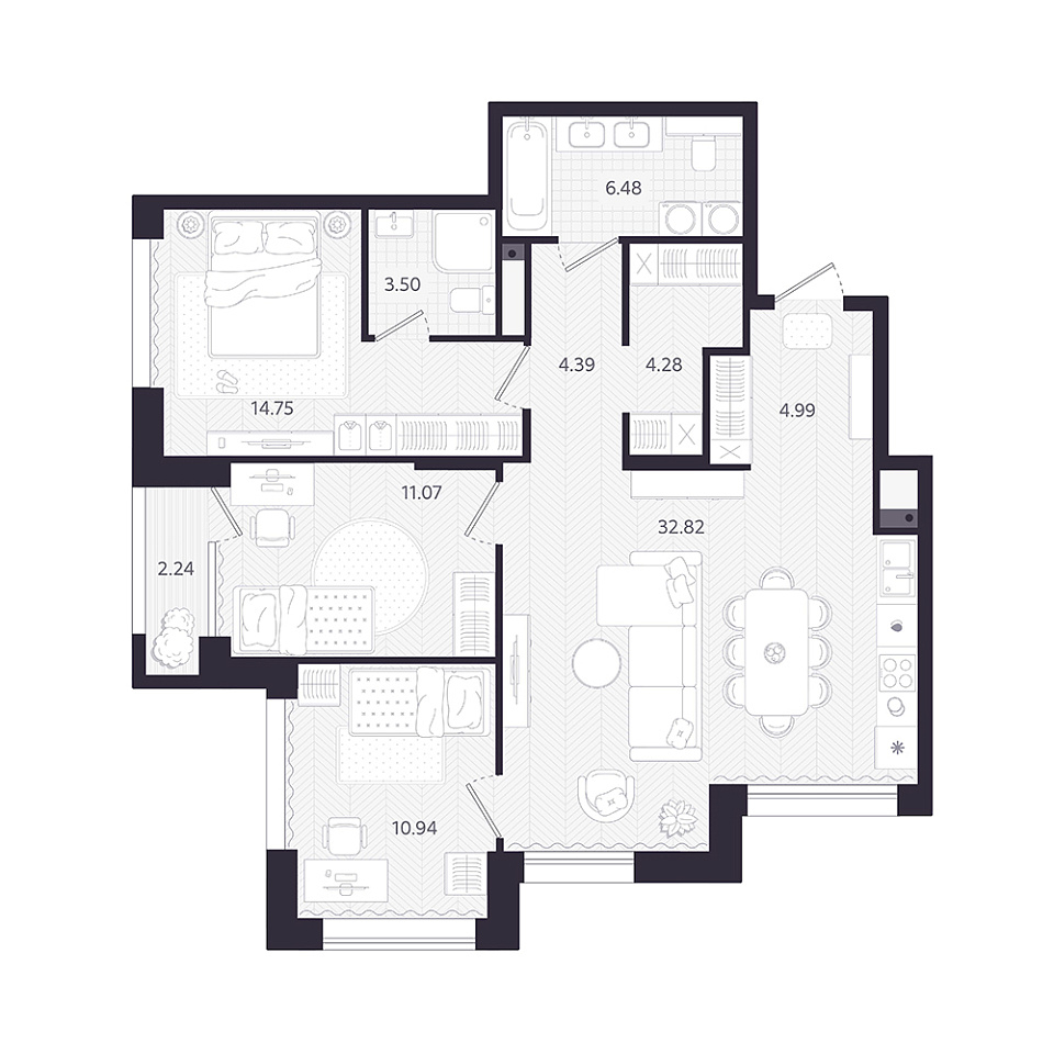 Планировка: 4-комнатная евро 92.7 м² в ЖК Темплин, Центр