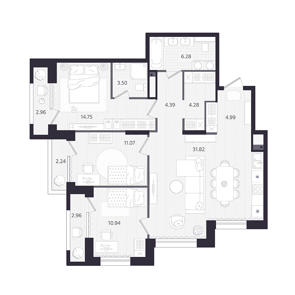 Планировка: 4-комнатная евро 94.5 м² в ЖК Темплин, Центр