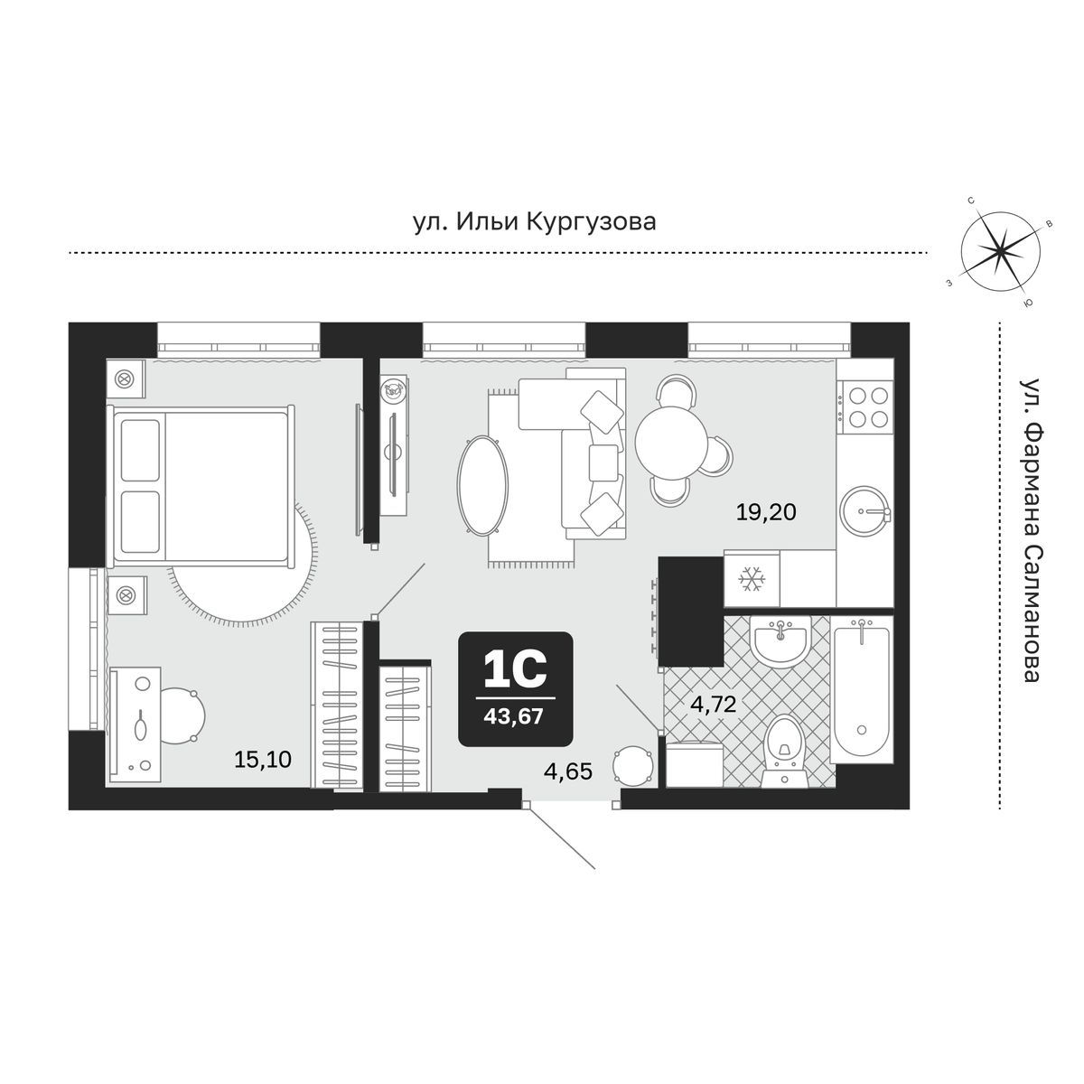 Планировка: Евродвушка 43.7 м² в ЖК Мидгард в Комарово Парк, От Слободы до Комарово парк
