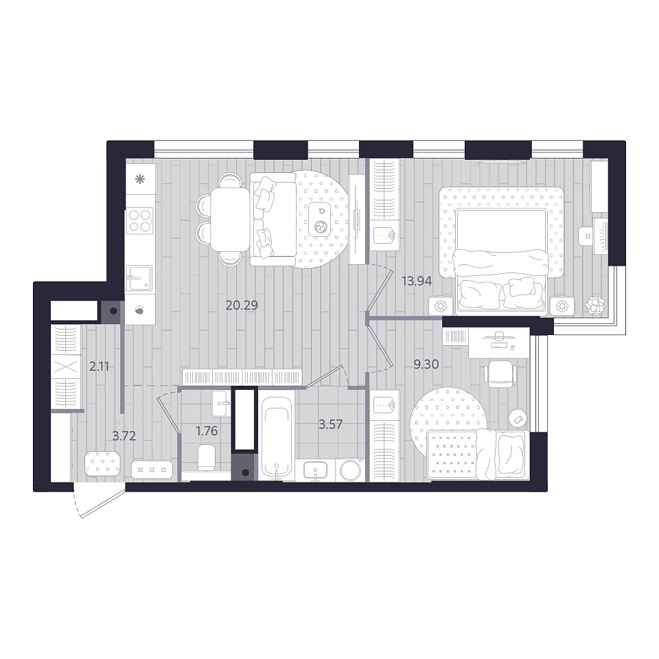 Планировка: Евротрешка 54.7 м² в ЖК Форсо, Зарека