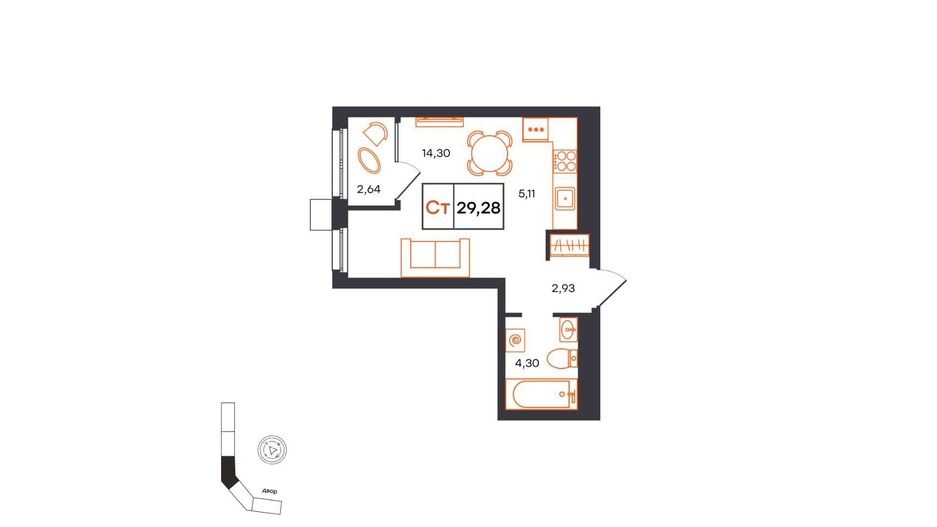 Планировка: Студия 29.3 м² в ЖК Фатера, Дом Обороны