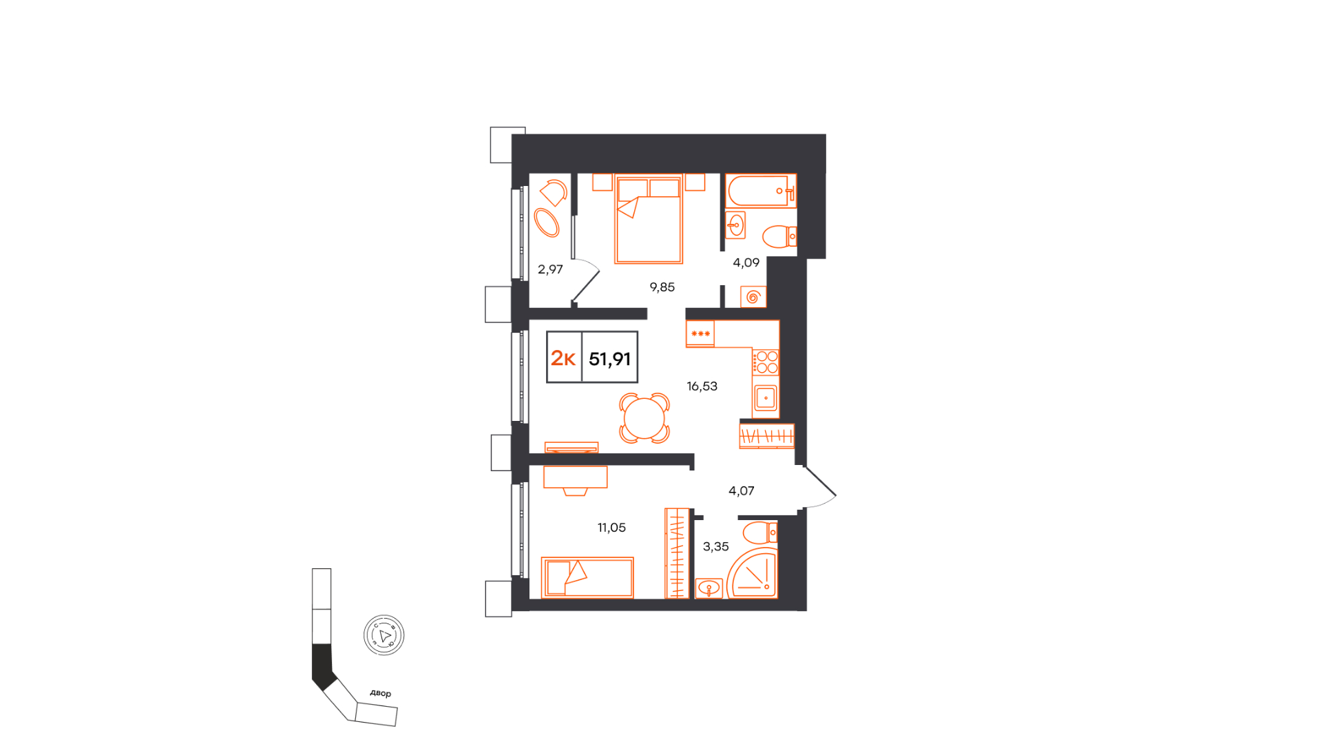 Планировка: Евротрешка 51.9 м² в ЖК Фатера, Дом Обороны
