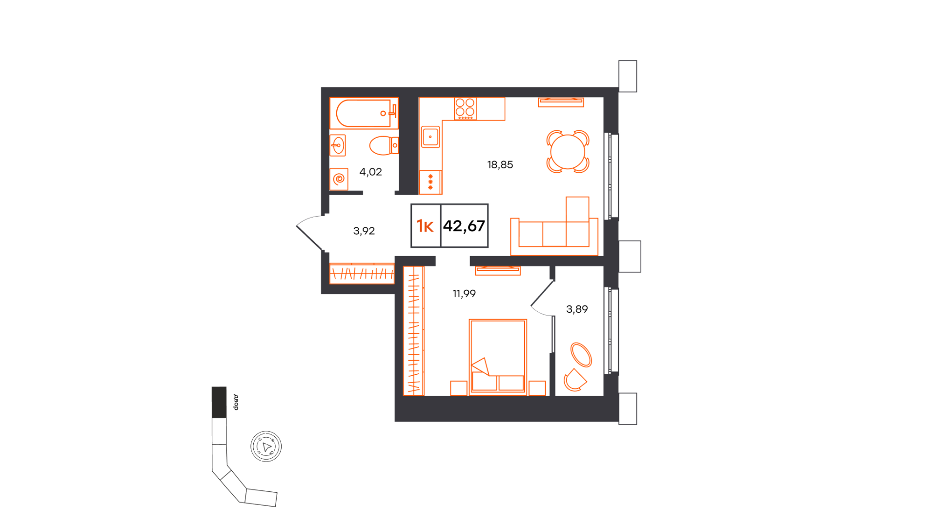 Планировка: Евродвушка 42.7 м² в ЖК Фатера, Дом Обороны