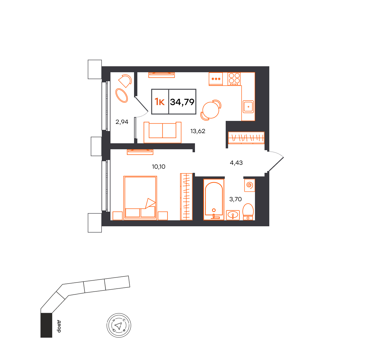 Планировка: Евродвушка 34.8 м² в ЖК Фатера, Дом Обороны