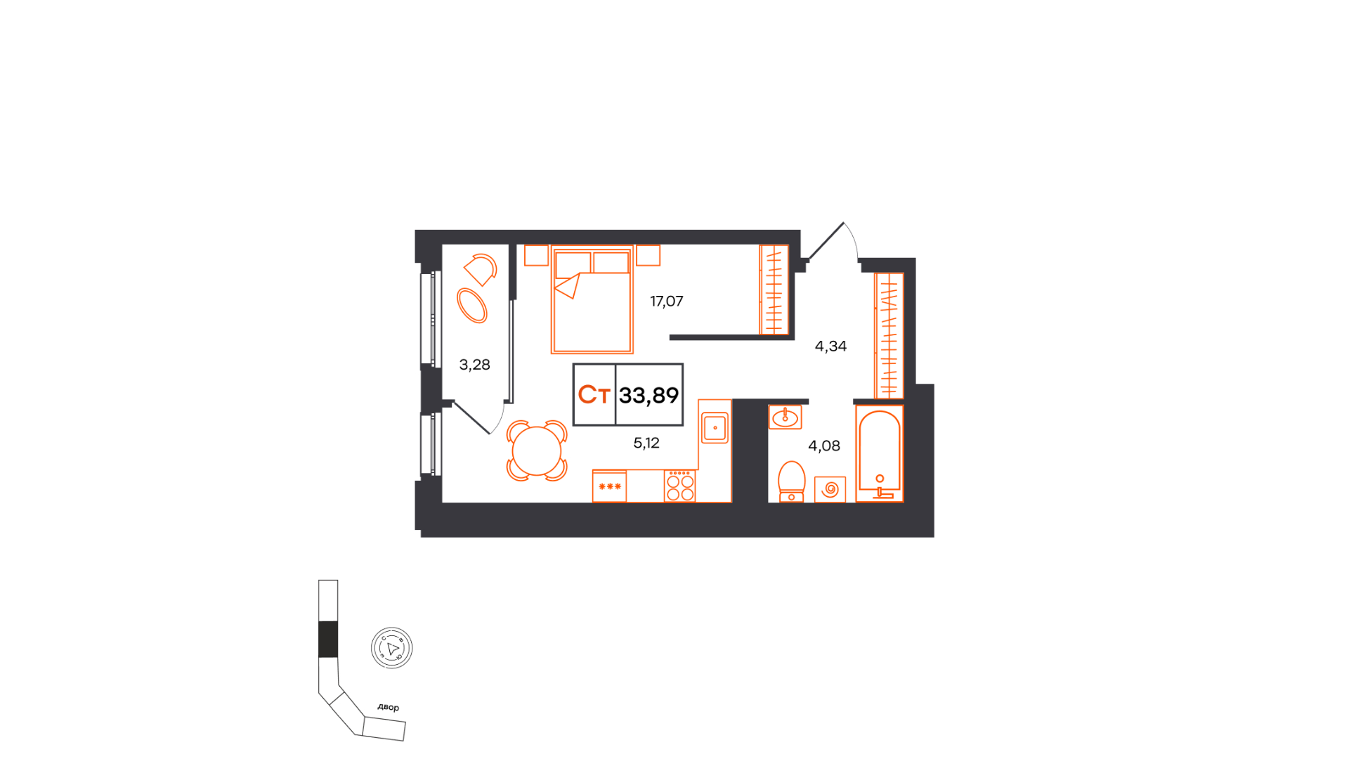 Планировка: Студия 33.9 м² в ЖК Фатера, Дом Обороны
