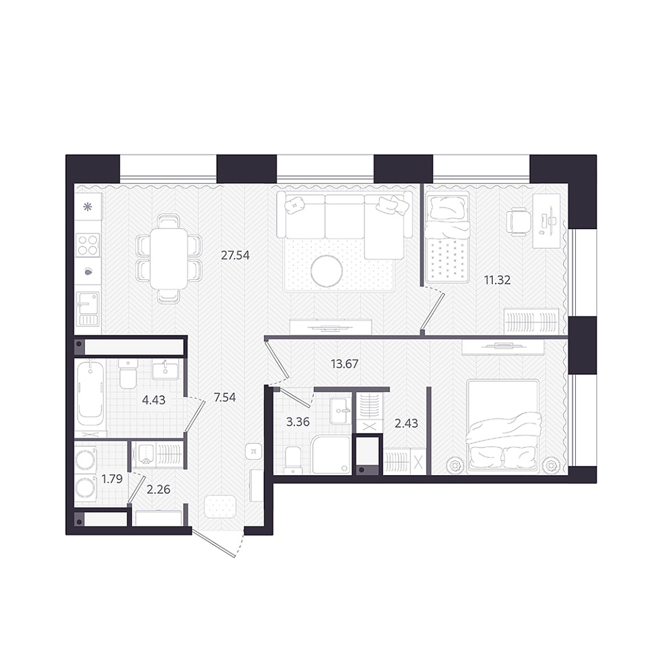 Планировка: Евротрешка 74.3 м² в ЖК Темплин, Центр