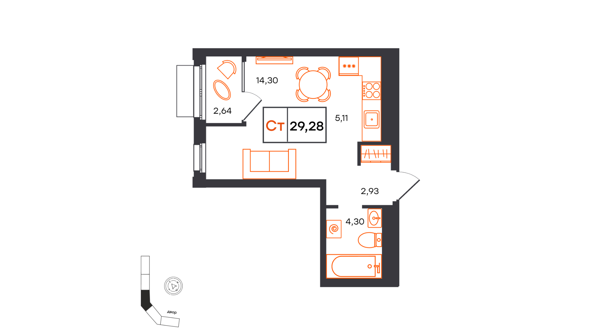 Планировка: Студия 29.3 м² в ЖК Фатера, Дом Обороны